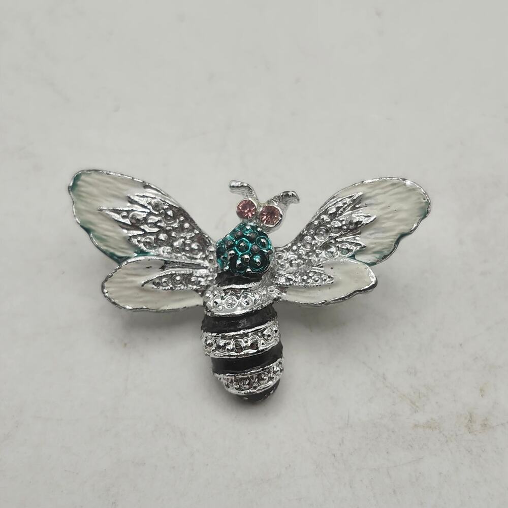 Bee Brooch Pin Silver Tone Enamel Rhinestone Insect Wings Pink Eyes Costume Gift